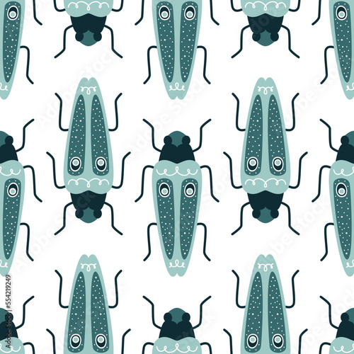 Hand-drawn cute blue bugs in art deco style for cookout or bedroom. Vector seamless pattern with insects for wrapping or wallpaper