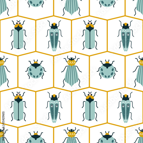 Modern bugs in rhombuses in art deco style. Seamless vector pattern with ants for wallpaper or fabric