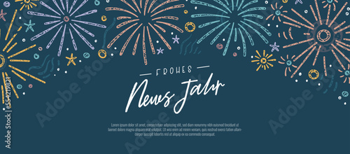 Cute hand drawn New Years banner with fireworks and German type saying "Happy New Year", great for banners, cards, invitations - vector design