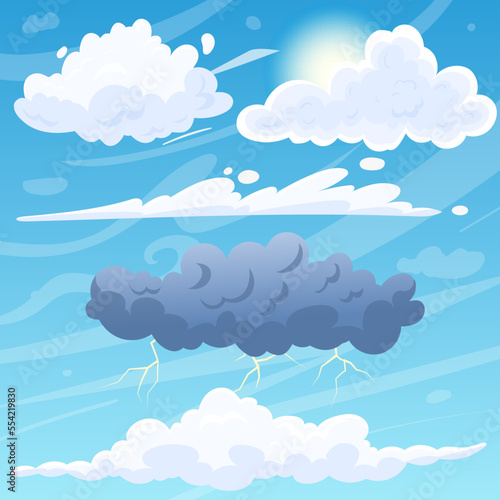 cloud sky set cartoon vector weather art, heaven storm, nature rain, air dream flat cartoon color illustration