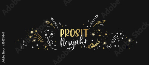 Cute hand drawn New Years banner with fireworks and German type saying "Happy New Year", great for banners, cards, invitations - vector design