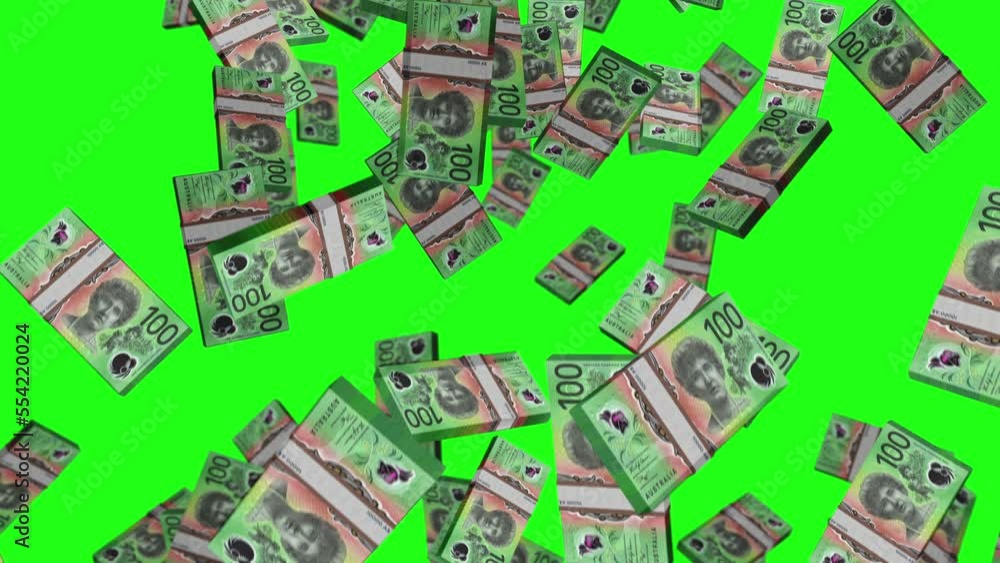 Australian Dollar 100 AUD banknote packs falling loop. Australia money note fall. 3D seamless looped isolated abstract concept of economy, finance, crisis, success and banking. Green screen. Australian Dollar 100 AUD banknote packs falling loop. Australia money note fall. 3D seamless looped isolated abstract concept of economy, finance, crisis, success and banking. Green screen.