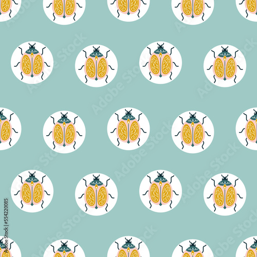 Cute yellow bugs in geometric circles on a turquoise art deco background. Vector seamless pattern with beatles for home decor