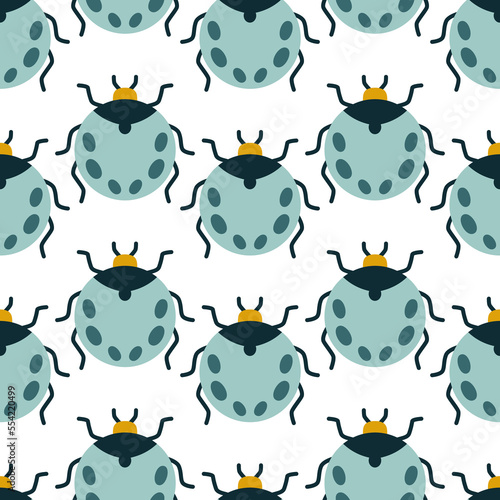 Hand-drawn cute blue bugs in art deco style for cookout or bedroom. Vector seamless pattern with insects for wrapping or wallpaper