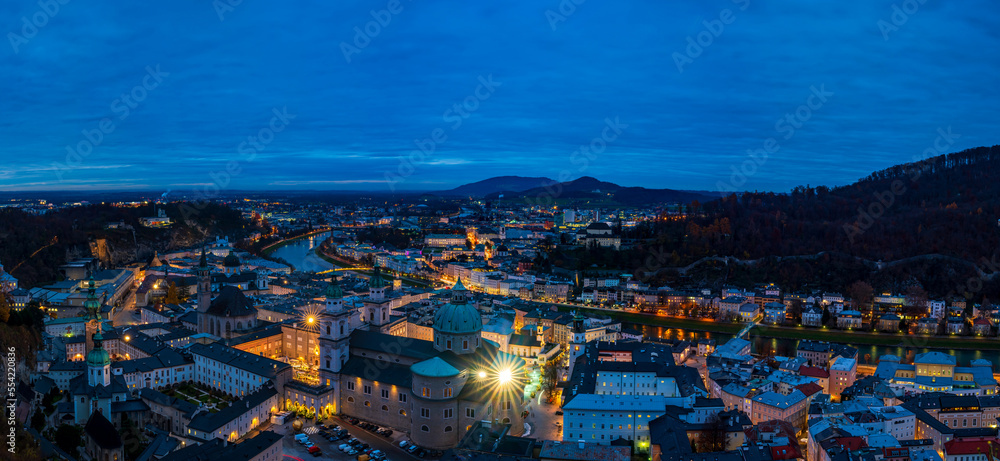 Aerial view of Salzburg in Austria at dusk