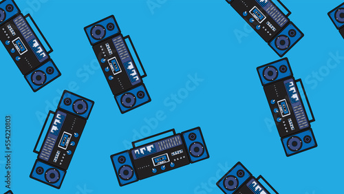 Seamless pattern endless with music audio cassette old retro tape recorders vintage hipster from 70s, 80s, 90s isolated on blue background. Vector illustration