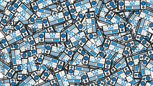 Seamless pattern endless with music audio cassette old retro tape recorders vintage hipster from 70s, 80s, 90s isolated on white background. Vector illustration
