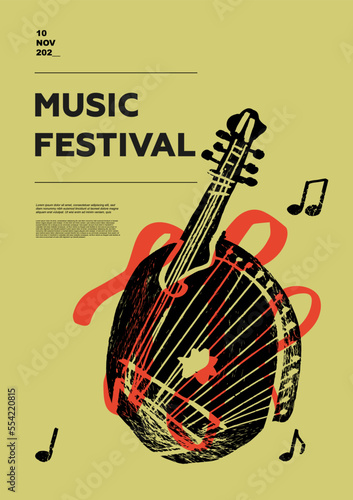 Bandura, folk. Music festival poster. String musical instruments. Competition. A set of vector illustrations. Minimalistic design. Banner, flyer, cover, print.
