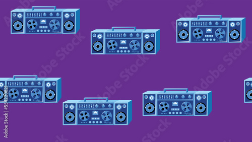 Seamless pattern endless with music audio cassette old retro tape recorders vintage hipster from 70s, 80s, 90s isolated on purple background. Vector illustration