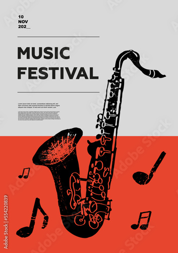 Saxophone, sax. Music festival poster. Wind musical instruments. Competition. A set of vector illustrations. Minimalistic design. Banner, flyer, cover, print.