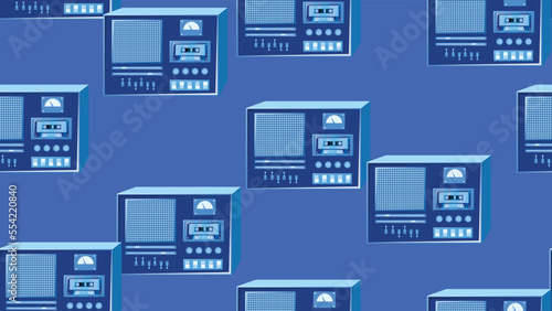 Seamless pattern endless with music audio cassette old retro tape recorders vintage hipster from 70s, 80s, 90s isolated on blue background. Vector illustration
