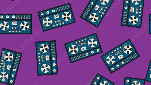 Seamless pattern endless with music audio cassette old retro tape recorders vintage hipster from 70s, 80s, 90s isolated on purple background. Vector illustration