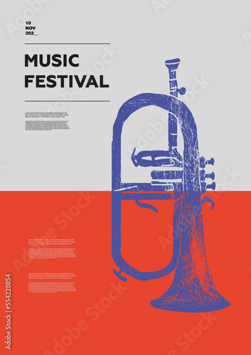 Flugelhorn. Music festival poster. Wind musical instruments. Competition. A set of vector illustrations. Minimalistic design. Banner, flyer, cover, print.