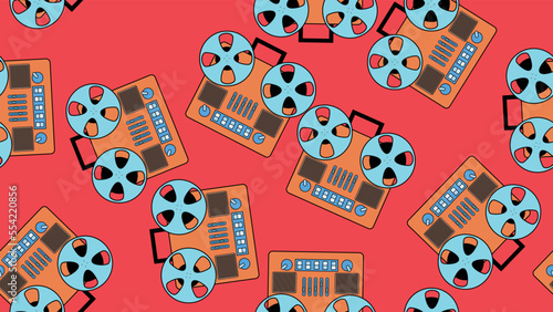 Seamless pattern endless with music audio cassette old retro tape recorders vintage hipster from 70s, 80s, 90s isolated on red background. Vector illustration