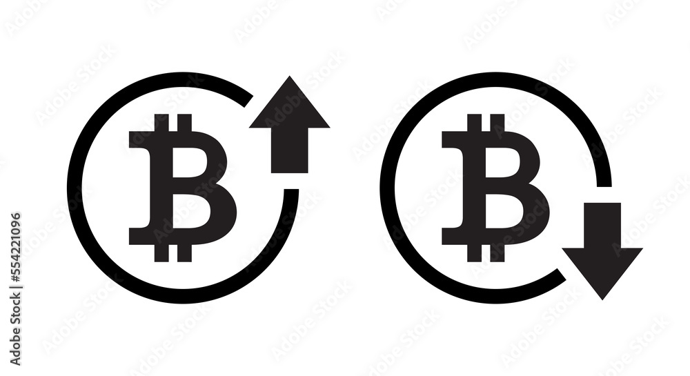 Bitcoin price increase decrease icon vector. Cryptocurrency market up down sign symbol Bitcoin price increase decrease icon vector. Cryptocurrency market up down sign symbol
