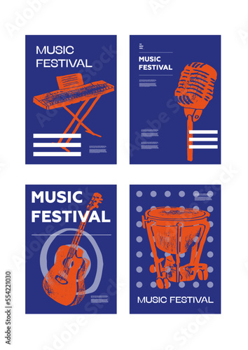 Guitar, drum,  microphone, piano. Music festival poster. Musical instruments. Competition. A set of vector illustrations. Minimalistic design. Banner, flyer, cover, print.