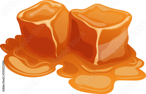 cubes melted caramel cartoon. toffee candy sauce, melted cube, cream pieces, sugar dessert cubes melted caramel vector illustration