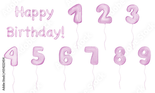 Happy Birthday. Set of glitter pink isolated lettering and numbers. Pink metallic balloon numbers on transparent background. Design for sublimation designs  cards  invitations.