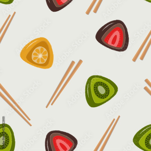 Seamless pattern with japanese daifukumochi and sticks. Mochi with strawberry, orange and kiwi. Flat vector. Asian food.