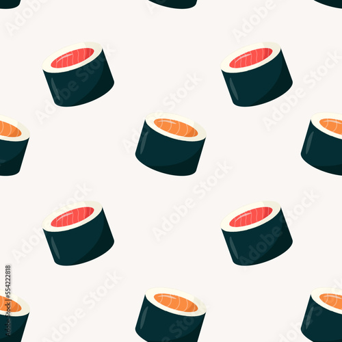 Seamless pattern with sushi rolls - with tuna and salmon. Asian food in flat style