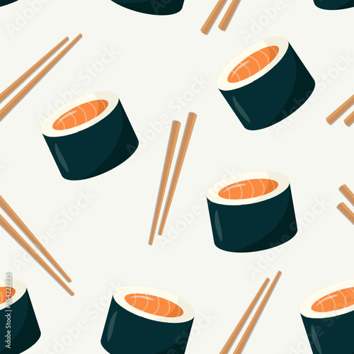 Seamless pattern with rolls and sticks - rolls with salmon. Flat style illustration. Asian food
