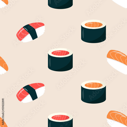 Seamless pattern with nigiri and sushi - with tuna and salmon. Asian food in flat style