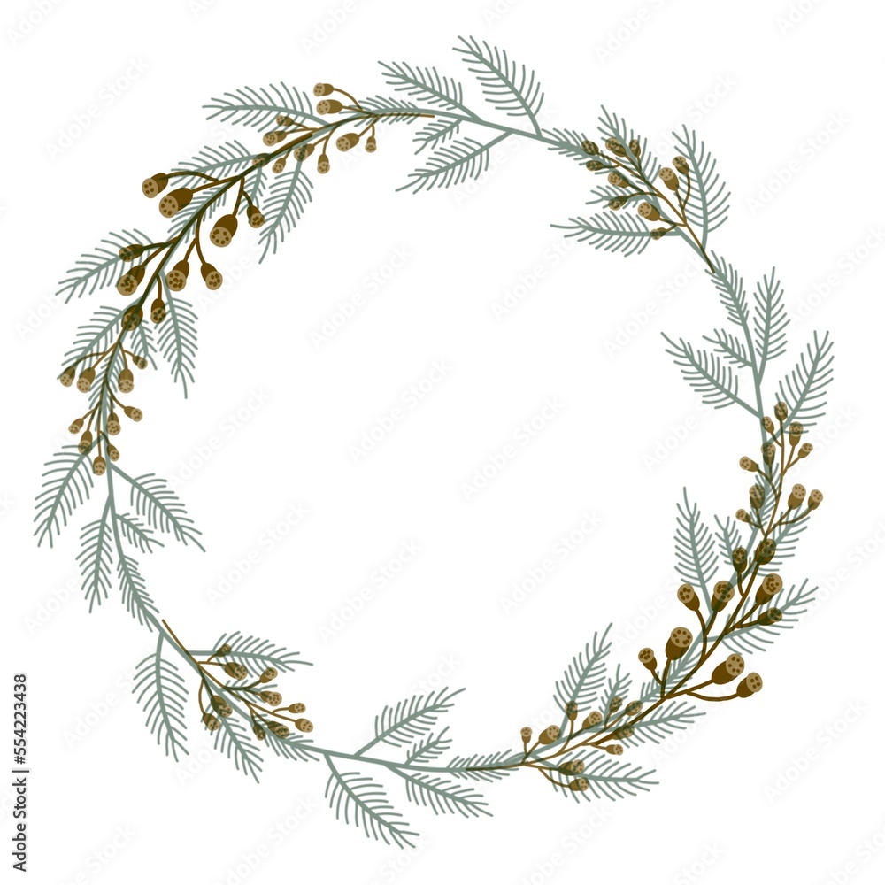 Christmas floral wreaths. Flat design for invitation, greeting card, postcard, packaging. Hand drawing illustration.