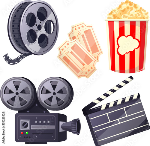 cinema movie set cartoon. ticket, clapper board, film strip, retro video camera, popcorn cinema movie vector illustration