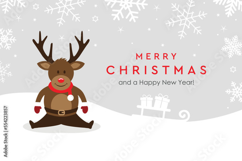 christmas greeting card with cute deer on snowy background