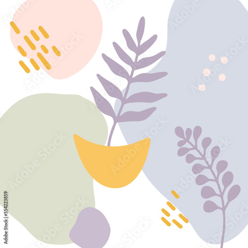 Abstract background with shapes and leaves. Minimalist contemporary nature art in purple color.