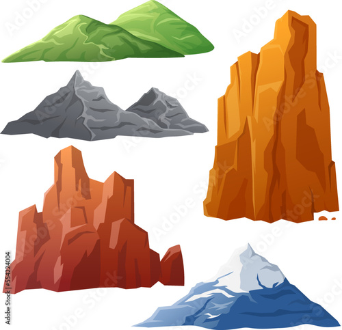 mountain landskape set cartoon. nature background, vintage forest, hill adventure, rock peak, valley hiking, climbing travel mountain landskape vector illustration