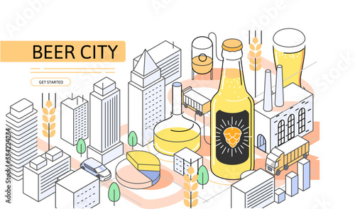 Beer city Isometric Concept. Use for web page, banner, infographics. Flat illustration editable line. Brewery