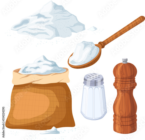 salt spoon set cartoon. seasoning, sea powder, spice shaker, food pinch salt spoon vector illustration