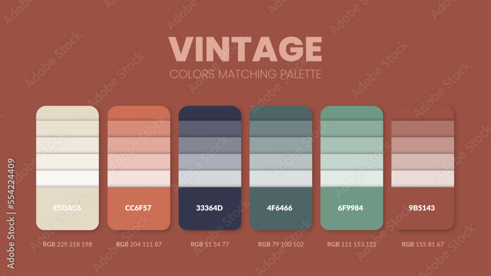 Vecteur Stock Color palette in Vintage style colour theme collections.  Color inspiration or colour chart with codes template. Color combination  set of RGB. Colors swatch for graphic design, art, fashion, or web.