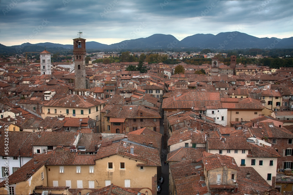 City view from Guinigi tower, Lucca in Tuscany, Italy