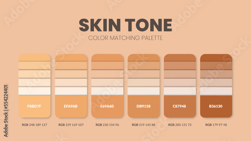 Color palette in Skin Tone colour theme collections. Color inspiration or colour chart with codes template. Color combination set of RGB. Colors swatch for graphic design, art, fashion, or website.