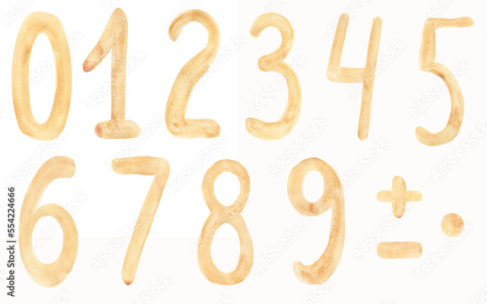 Watercolor childish poster with cute numbers in beige colors. Children room decor. Children education. Card making Watercolor childish poster with cute numbers in beige colors. Children room decor. Children education. Card making