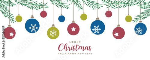 merry christmas card with hanging ball decoratoin and fir branches