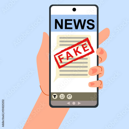 Phone in hand. News with fake, lies and disinformation. Flat vector illustration.
