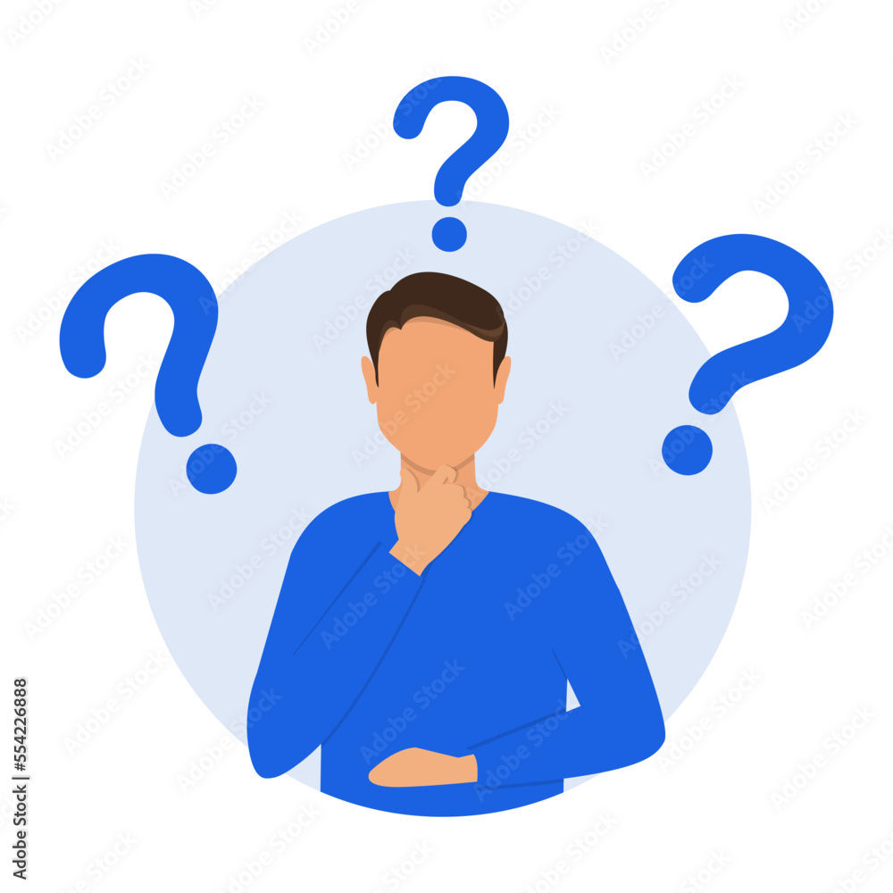 Question or problem solving. Question dilemma problem concept. Thinking troubled man asking questions. Choice concept. Concept of asking questions, solving puzzle or business problem Question or problem solving. Question dilemma problem concept. Thinking troubled man asking questions. Choice concept. Concept of asking questions, solving puzzle or business problem