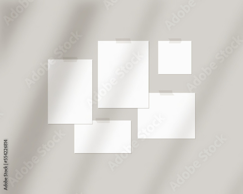 Mood board mockup template. Empty sheets of white paper on the wall with shadow overlay. Mockup vector isolated. Template design. Realistic vector illustration.