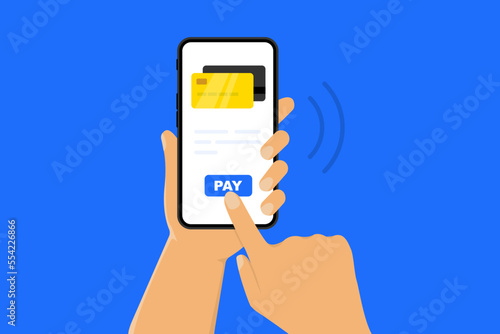 Mobile Payment. Credit card on screen phone. Easy e bill payment transaction on smartphone. Pay by credit card via electronic wallet wirelessly. Online shopping. Vector illustration