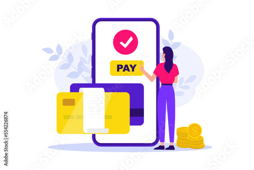 Mobile payment. Woman paying with credit card. Credit card on screen phone. Easy e bill payment transaction on smartphone. Pay by credit card via electronic wallet wirelessly. Online shopping