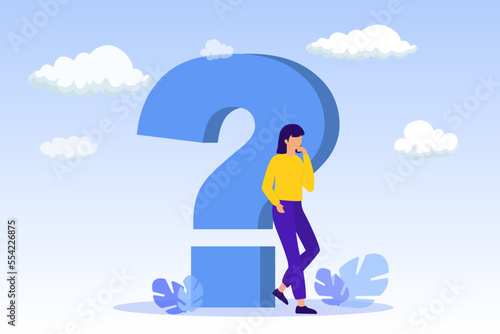 Question or problem solving. Question dilemma problem concept. Thinking woman asking questions. Choice concept. Concept of asking questions, solving puzzle or business problem photo