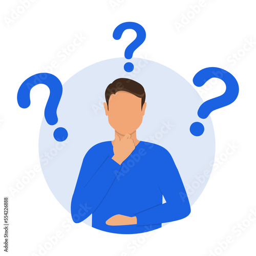 Question or problem solving. Question dilemma problem concept. Thinking troubled man asking questions. Choice concept. Concept of asking questions, solving puzzle or business problem