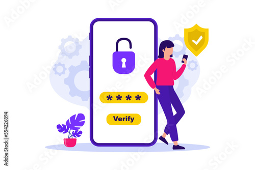 Mobile OTP secure verification method. One-time password for secure transaction. Woman using security OTP one time password verification for mobile app on smartphone screen. 2-Step verification
