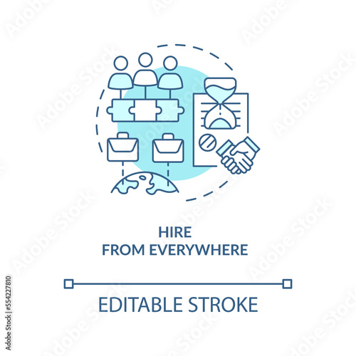 Hire from everywhere turquoise concept icon. Outstaffing benefit for business abstract idea thin line illustration. Isolated outline drawing. Editable stroke. Arial, Myriad Pro-Bold fonts used
