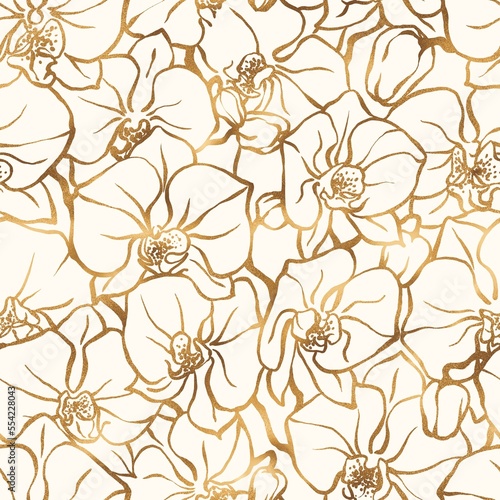 Golden orchid seamless pattern. Outline hand drawn dendrobium flowers endless background.