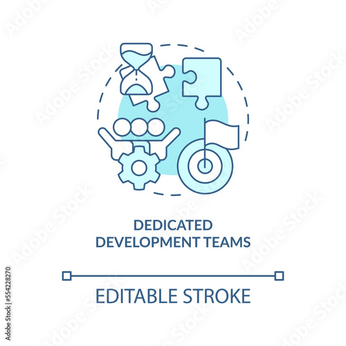 Dedicated development teams turquoise concept icon. Pricing model in IT outsourcing abstract idea thin line illustration. Isolated outline drawing. Editable stroke. Arial, Myriad Pro-Bold fonts used