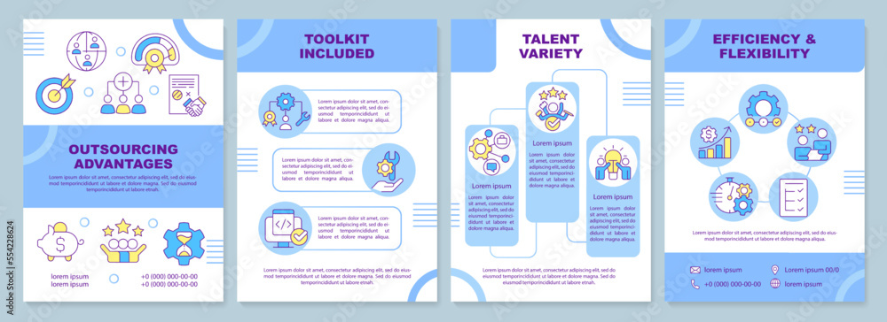 Outsourcing advantages blue brochure template. Talent variety. Leaflet design with linear icons. Editable 4 vector layouts for presentation, annual reports. Arial-Black, Myriad Pro-Regular fonts used